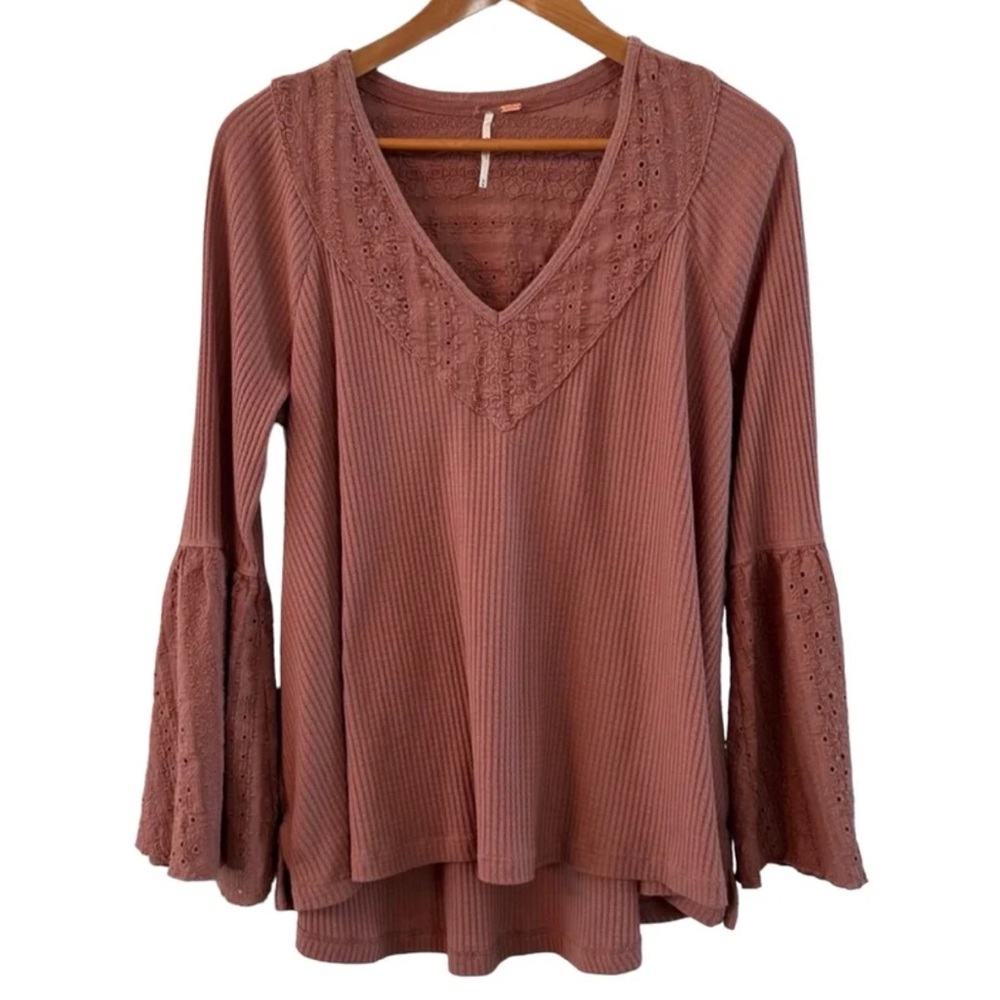 Free People Parisian Nights Blouse Top Rose V Neck Boho Size Medium - Picture 2 of 11
